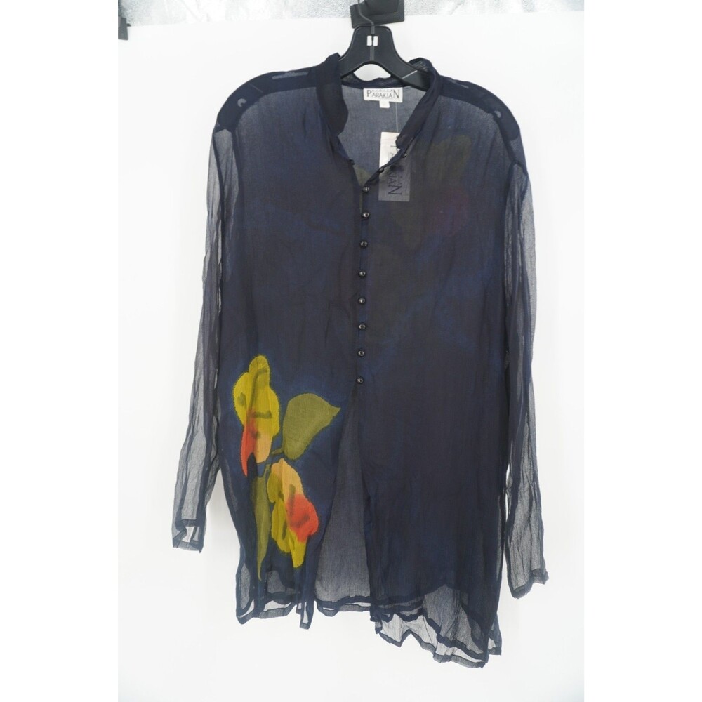 Didier Parakian Sheer Chiffon Tunic Top Navy Yellow Floral Size XXL/46 NWT $ 219